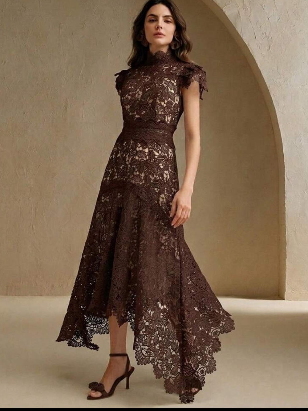 Chocolate Brown Lace High-Low Dress